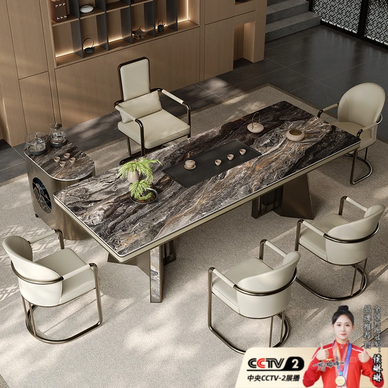 岩板茶桌椅组合一桌五椅轻奢现代高级感带移动茶水柜简约高端茶台