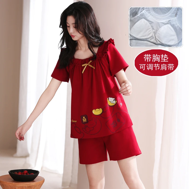 芬腾可安2025年新款夏季睡衣女纯棉短袖短裤红色结婚带胸垫家居服