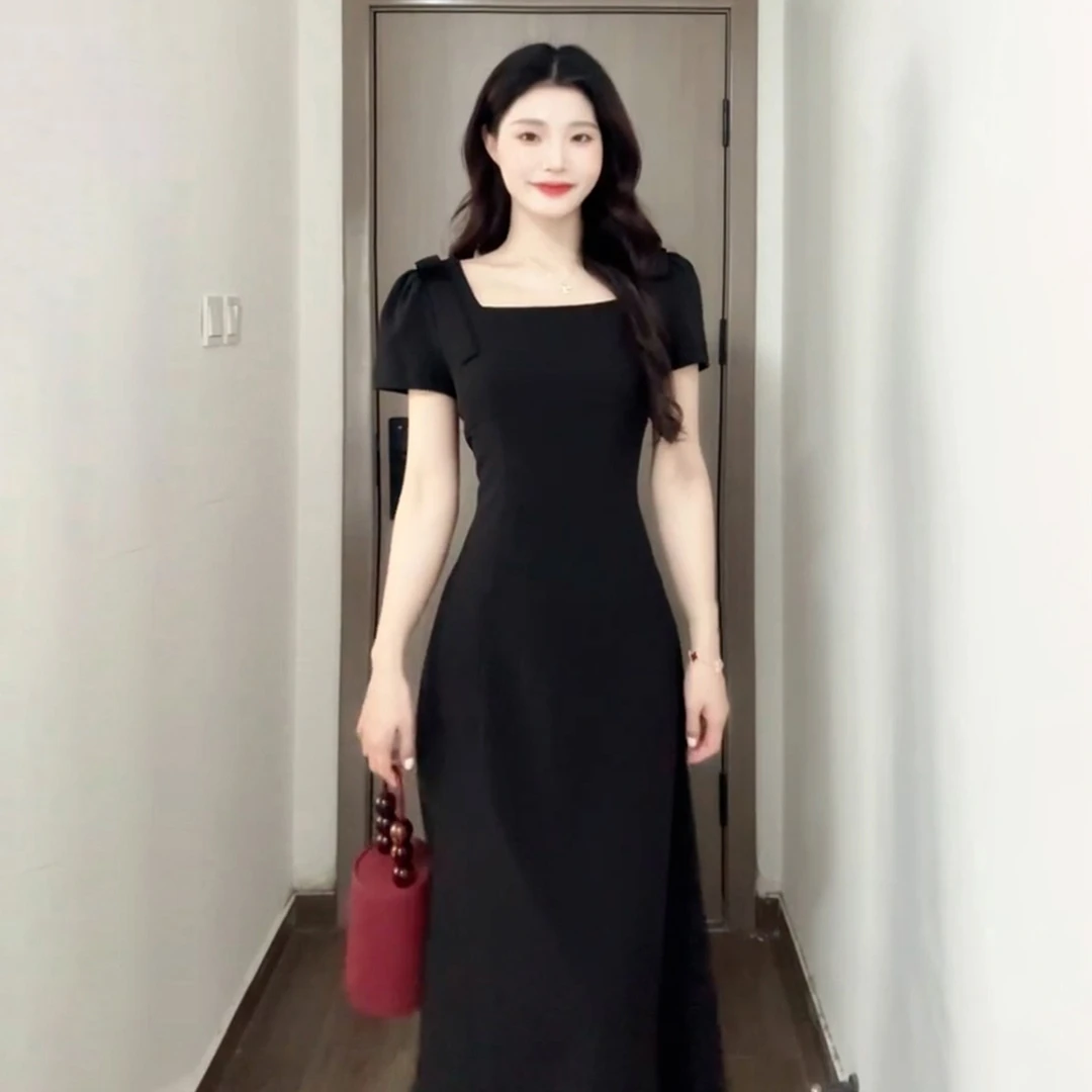 【现货+运补】赫本风黑色方领连衣裙夏季富家小千金法式长裙3851