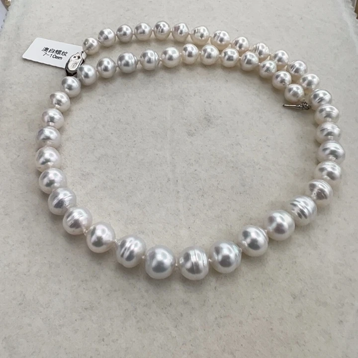 海水珍珠颈饰银S925镶嵌澳白螺纹项链7-10mm