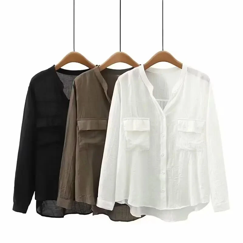 2025夏季新款休闲百搭宽松显瘦双口袋V领纯色遮肉衬衫长袖防晒衣
