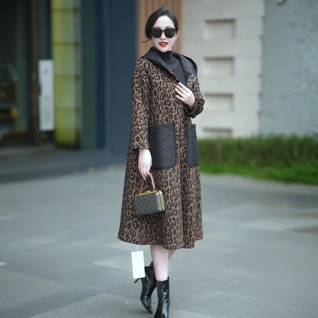 2572连帽加绒加厚开衫中长款风衣大衣提花外套妈妈装170