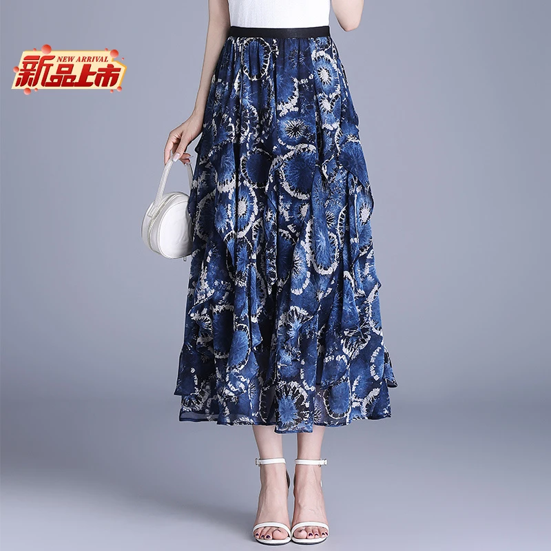 哥弟阿玛施正洋气印花时尚半身裙女夏季高腰显瘦减龄a字雪纺长裙