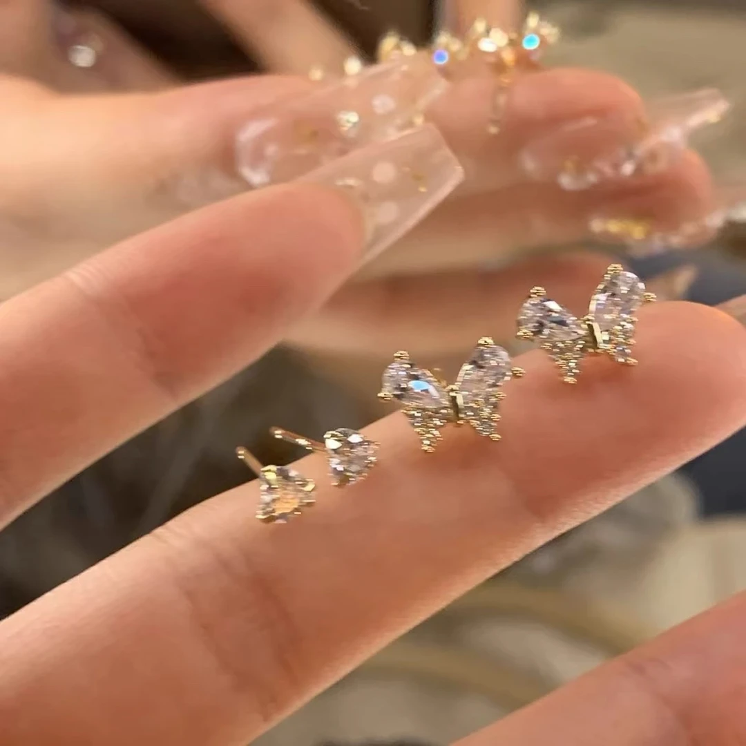 铜合金耳饰 A超闪蝴蝶耳钉四件套女设计高级感套装耳环E1314