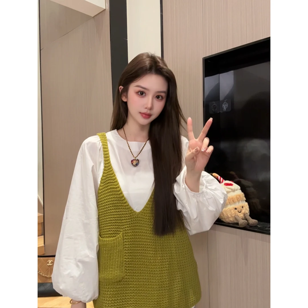 韩系chic叠穿毛衣吊带女短款宽松外穿针织背心百搭休闲小马甲