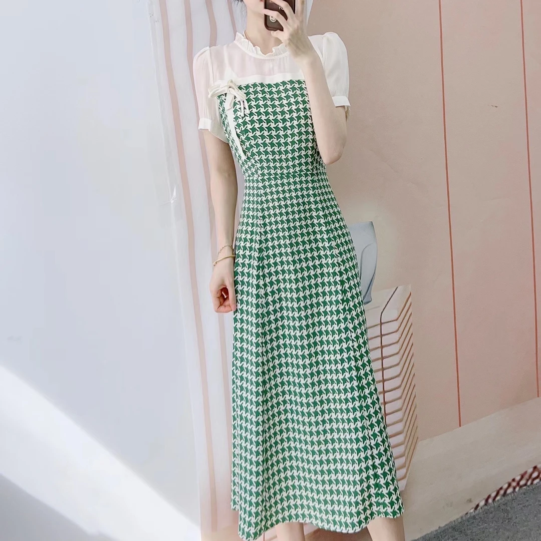 053/C3清夏季品牌专柜新品气质雪纺印花拼接千鸟格短袖连衣裙