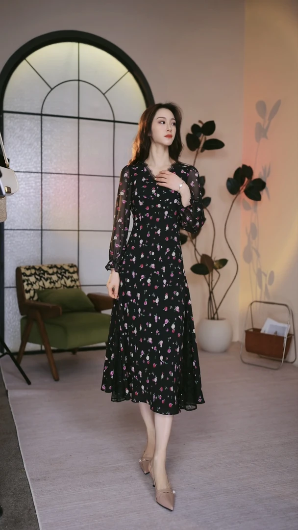 【BW】法式斜裁精致气质修身显瘦优雅复古时尚设计连衣裙-25-S107