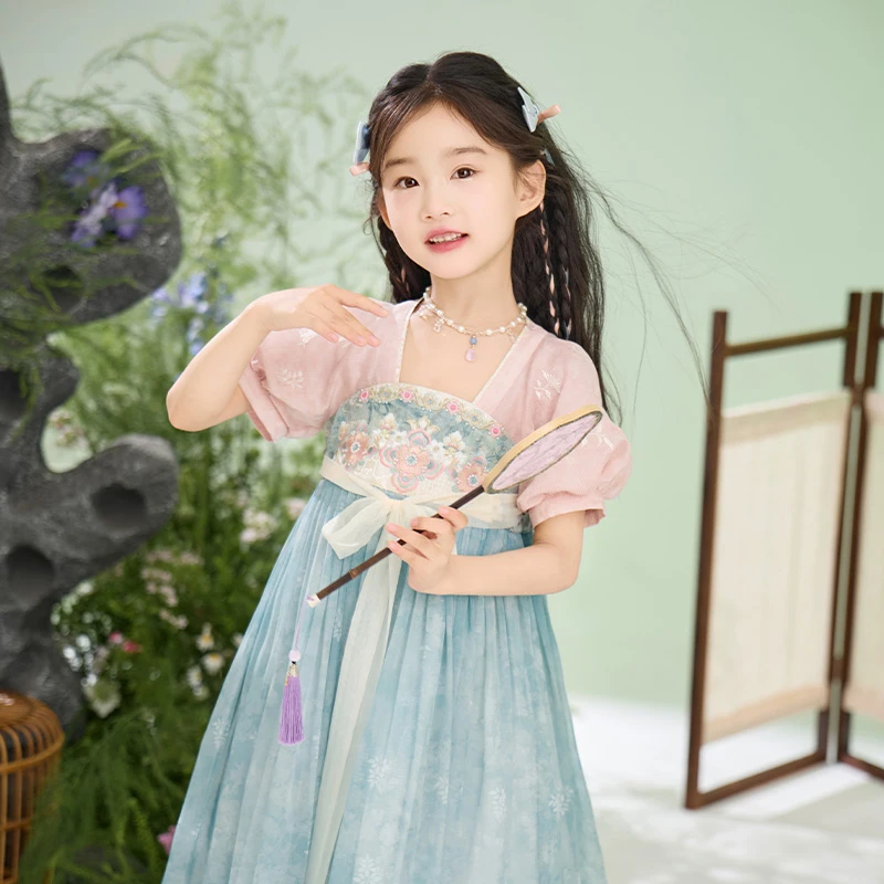 十三余童装[桃汐]国风汉服女童夏季泡泡袖刺绣儿童连衣裙原创