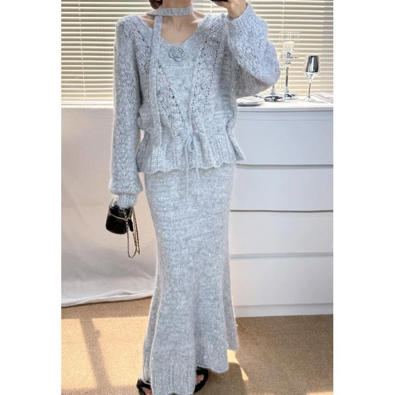 气质名媛风亮丝抽绳上衣+半身裙秋季新款针织时尚两件套潮流新品