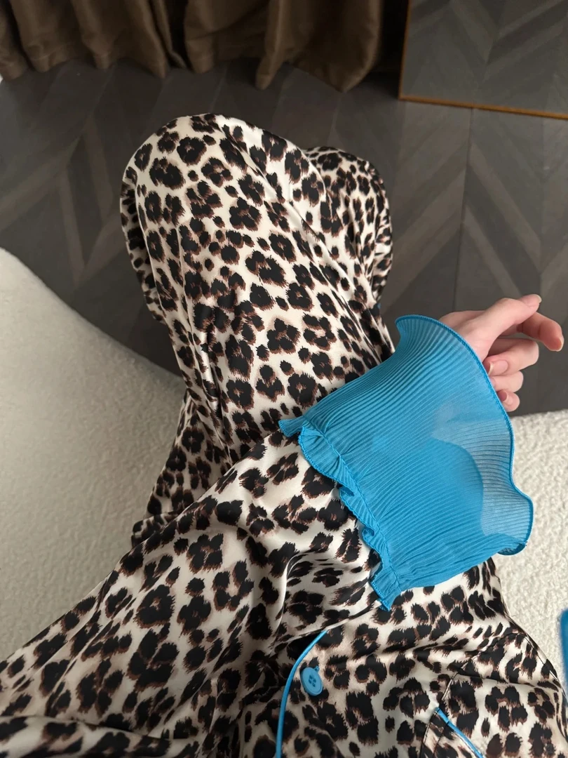 法式轻奢蓝色边豹纹冰丝睡衣女春秋2025新款套装大码慵懒家居服