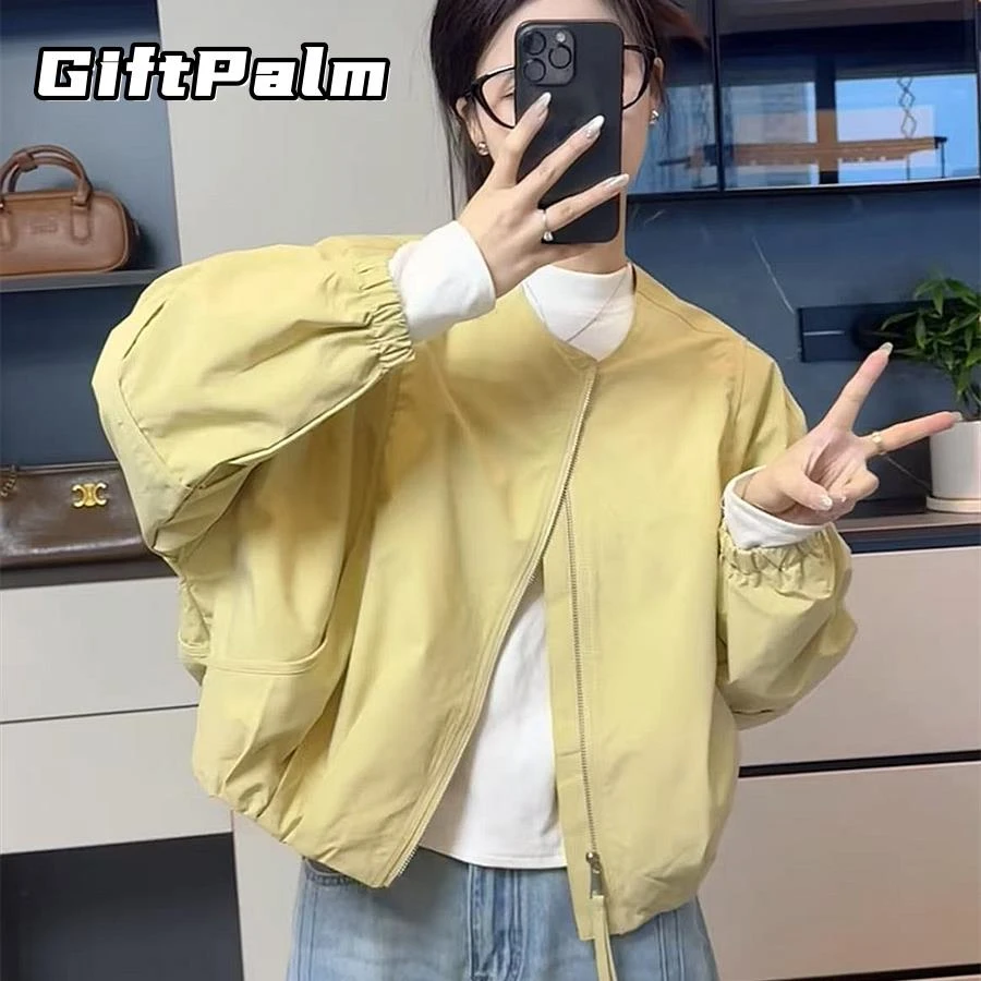 GiftPalm韩版简约圆领纯色短外套女春季新款宽松百搭小个子夹克潮