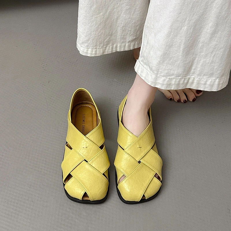 复古镂空编织镂空两穿懒人踩跟凉鞋女2025夏季新款x外穿平底单鞋