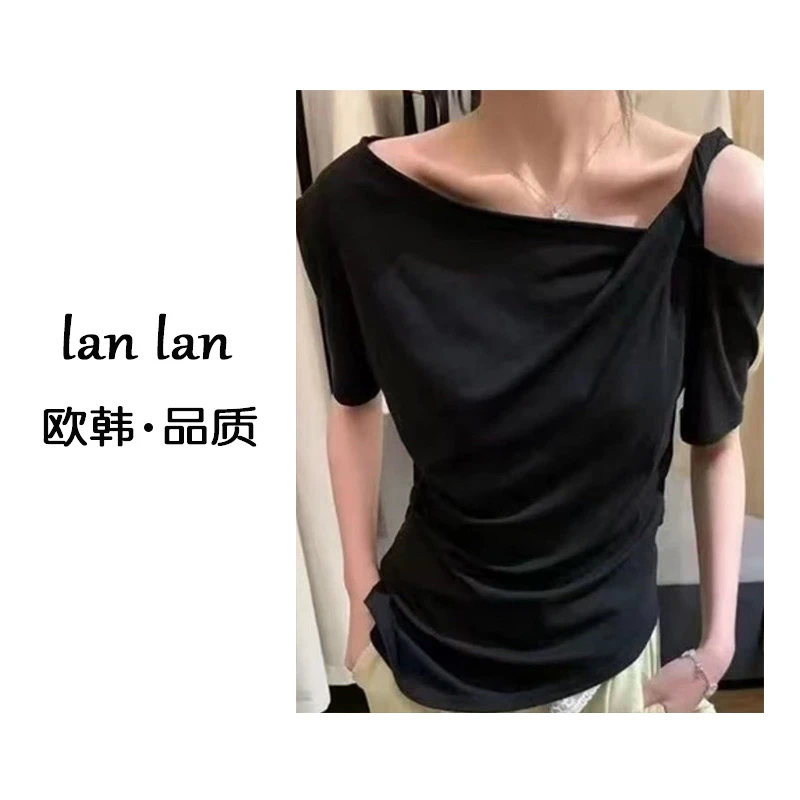 lanlan-夏上新【麻花斜肩T恤】韩版正肩小众显瘦短袖女夏季T恤斜肩