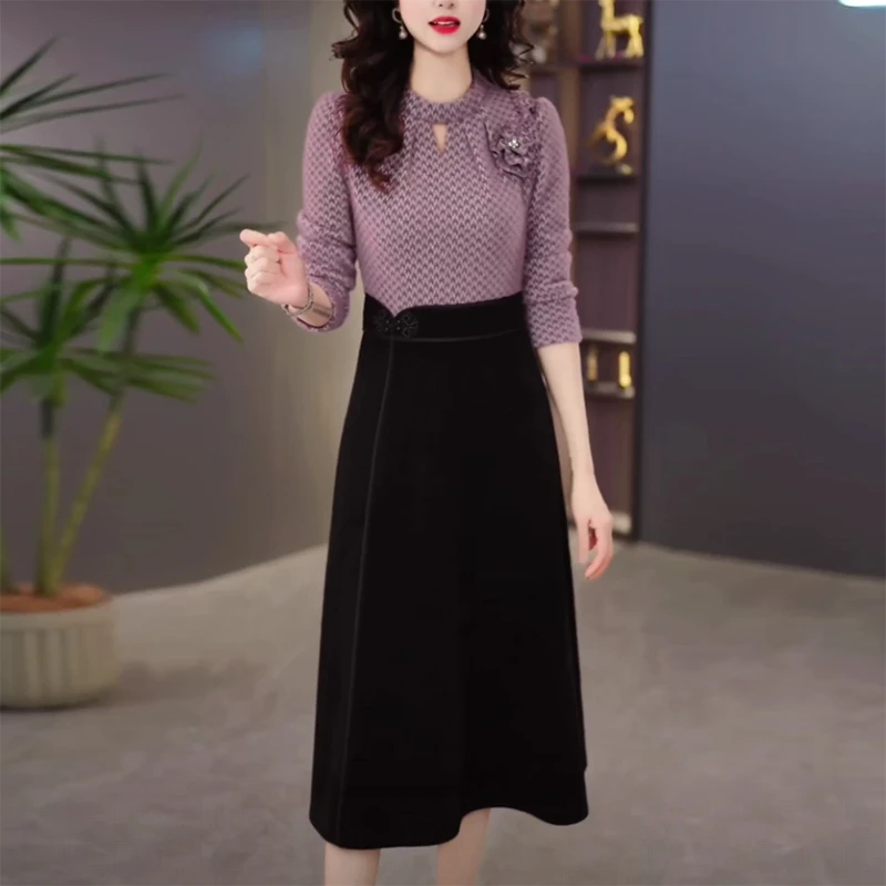 冬季加厚保暖百搭拉卡绒打底裙显瘦修身减龄收腰减龄气质连衣裙--