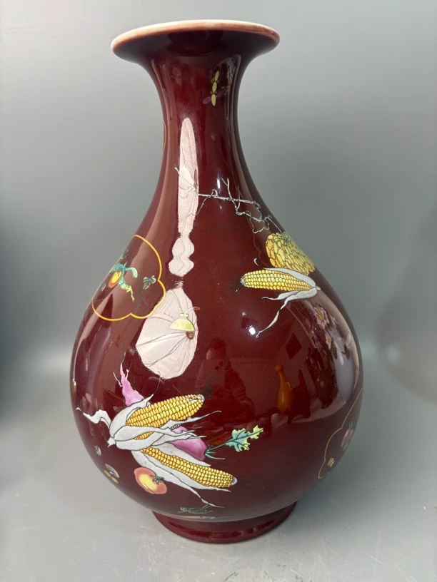 景德镇郎窑红手绘彩绘五谷丰登纹玉壶春大瓶中式陶瓷花瓶