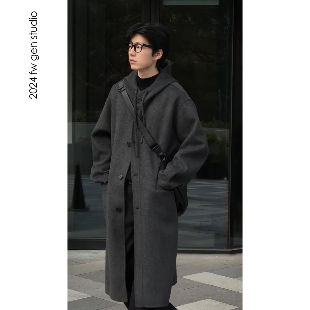 GEN 春季新品上新宽松廓版休闲连帽男毛呢外套大衣D95067
