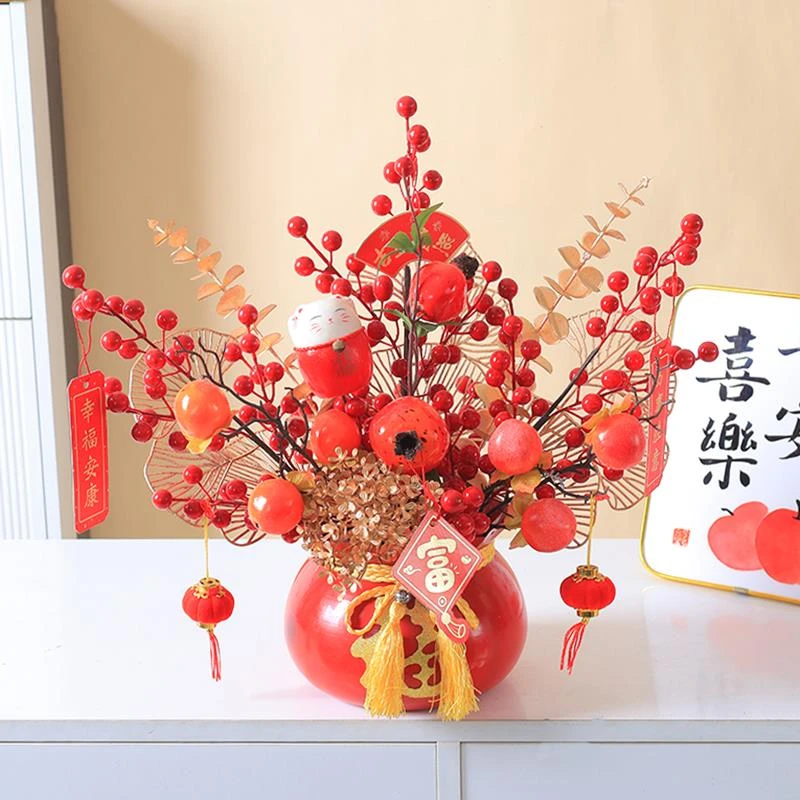 乔迁仿真冬青红果发财果结婚福桶年宵花新年假花过年客厅装饰摆件