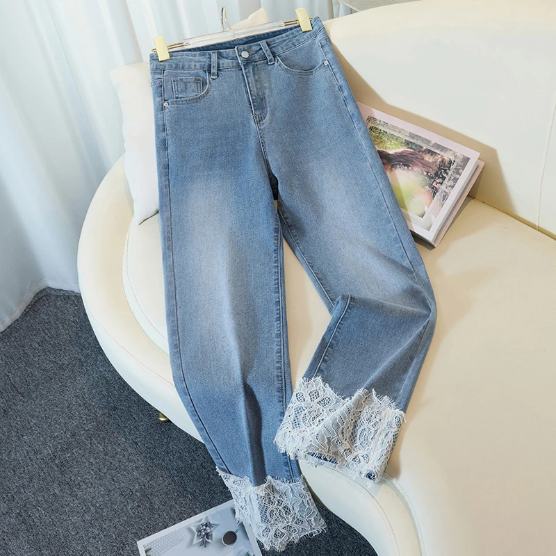 妙臻中国风高腰烟管牛仔裤女新中式九分裤款直筒裤子女夏季2201