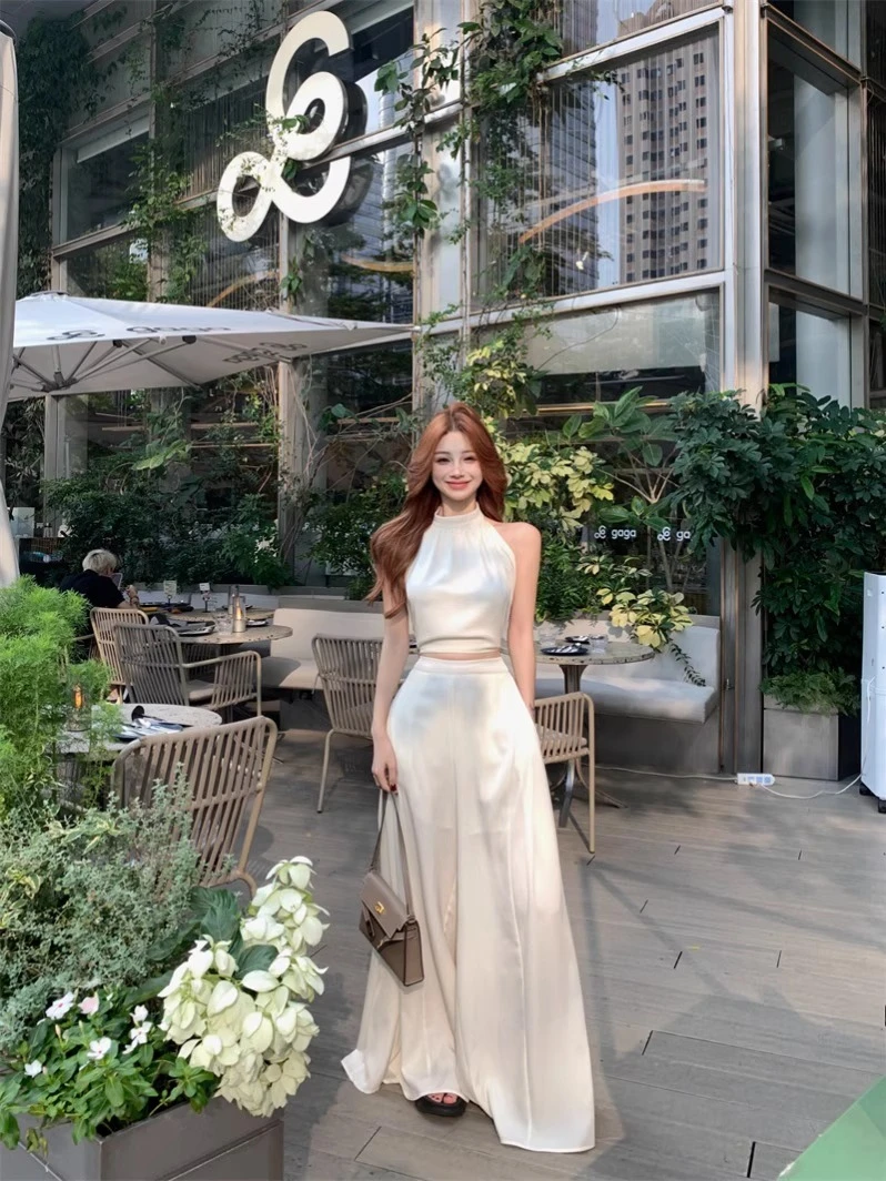 时尚套装辣妹缎面绑带美背挂脖背心女夏季垂感休闲阔腿长裤两件套