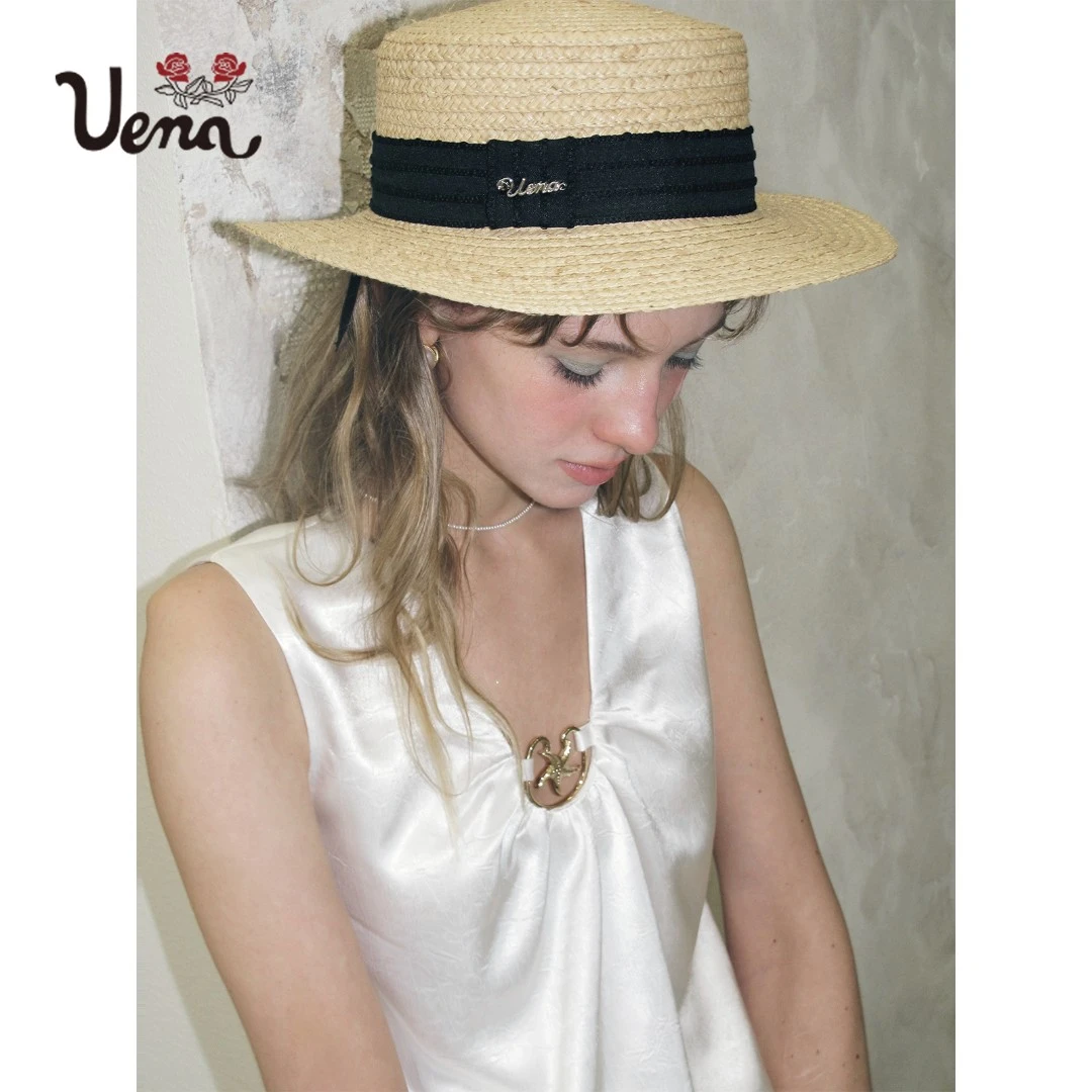 【夏日花茶】Uena卡其色黑边大帽檐平顶网眼草编帽度假风遮阳帽女