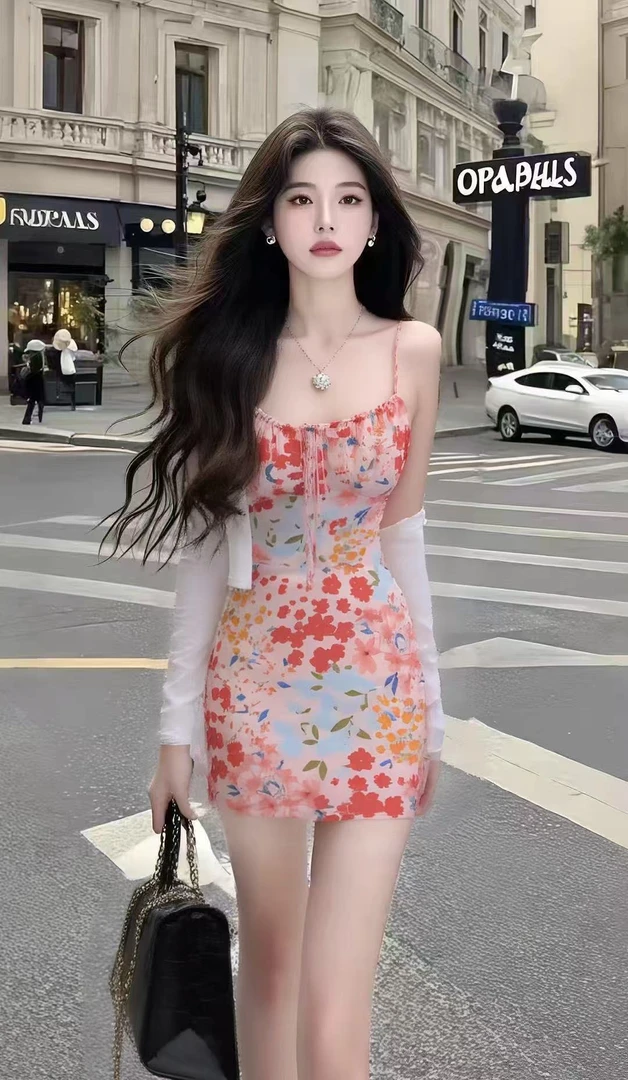 气质名媛撞色碎花U领修身收腰包臀吊带连衣裙+白色百搭开衫两件套