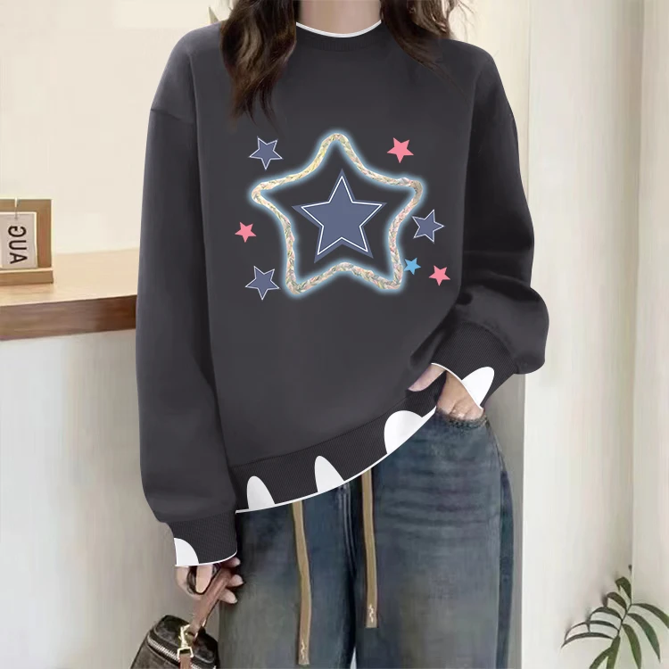 女圆领冬季长袖宽松型休闲风卫衣百搭秋冬加厚上衣时尚假两件加绒