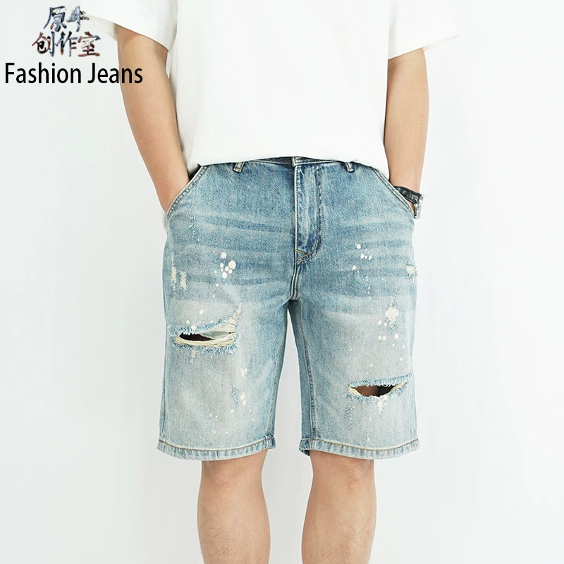 短裤破洞薄款国潮泼漆破洞牛仔裤裤子水洗修身时尚五分裤直筒男士