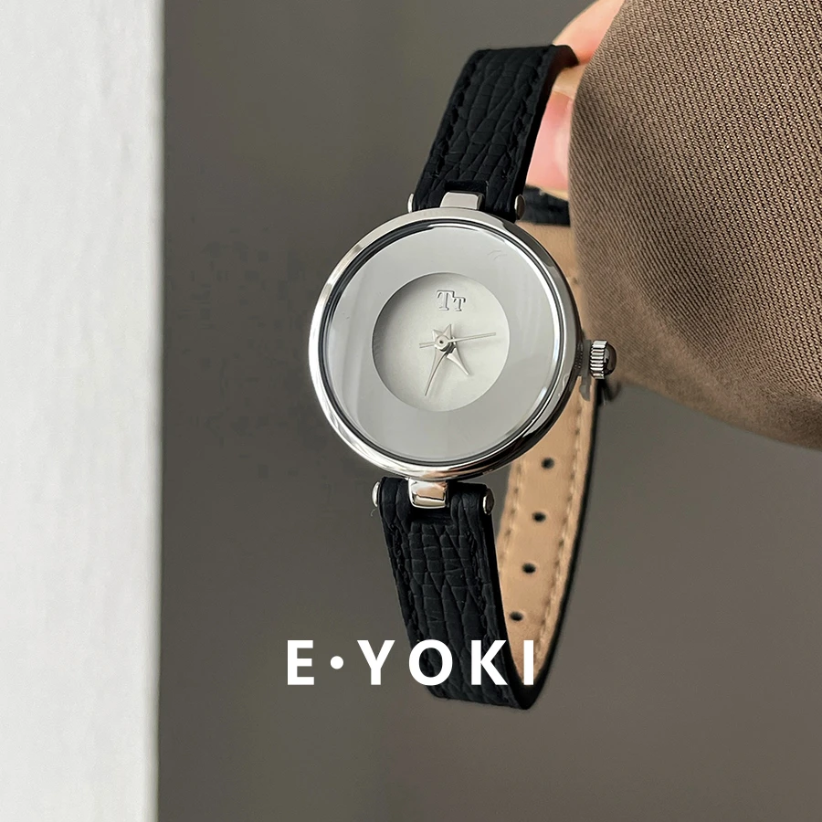 一柚七 黑银圆形天空之境表带女士小众轻奢女款极简石英手表女240