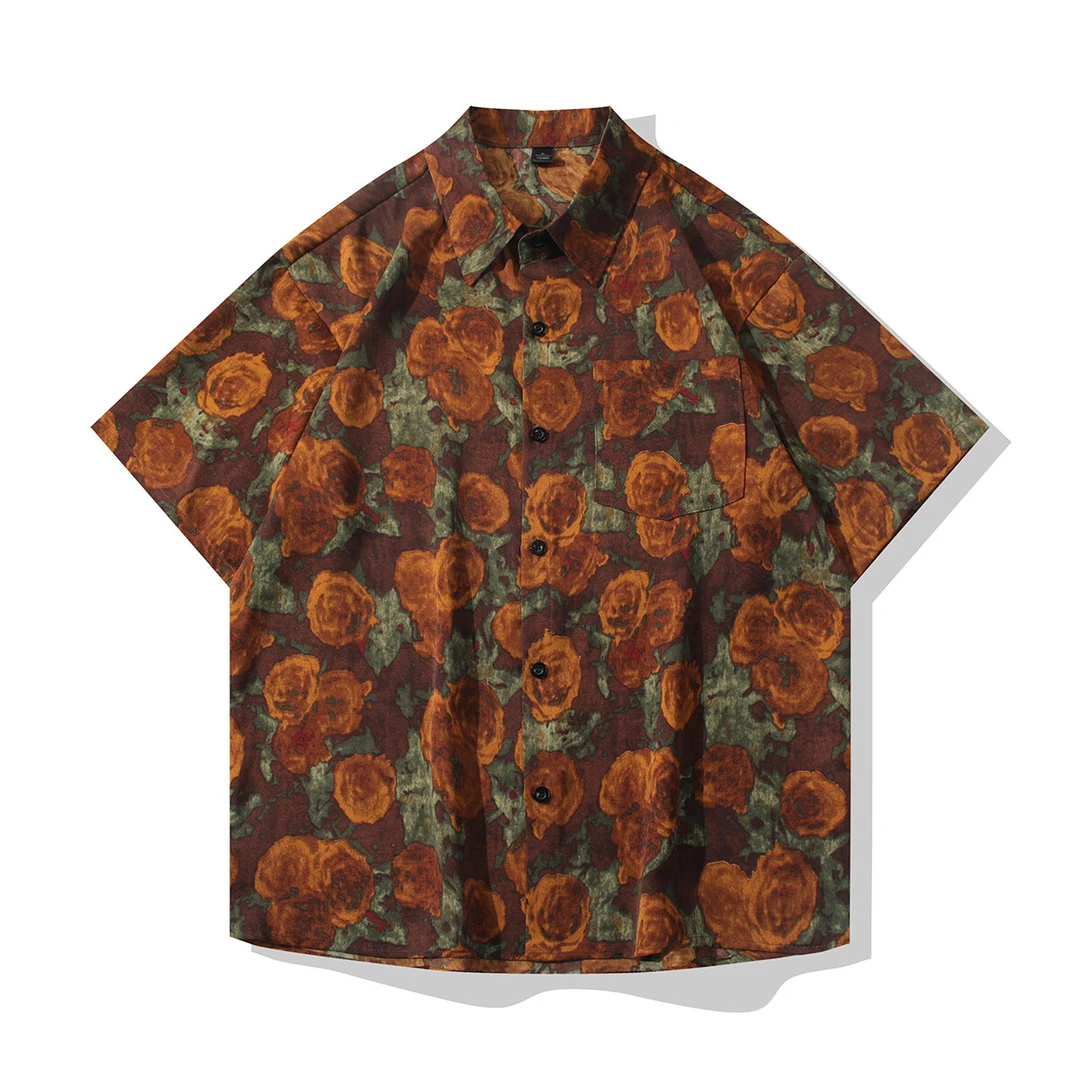 【冰丝上新】老钱风印花短袖宽松夏季男复古衬衫ins国潮休闲日奢风