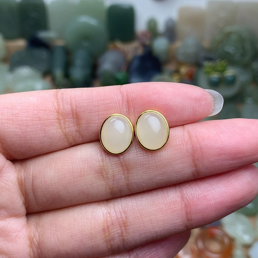 和田玉耳钉银S925镀金镶嵌米*