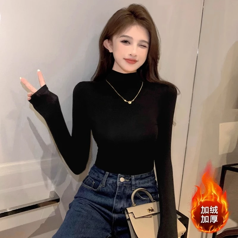 啄木鸟TUCANO黑色加绒加厚半高领长袖打底衫女秋新款洋气保暖内搭