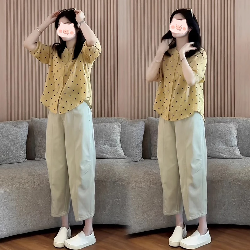 夏季减龄一整套穿搭法式设计感半袖波点衬衫阔腿休闲裤洋气两件套