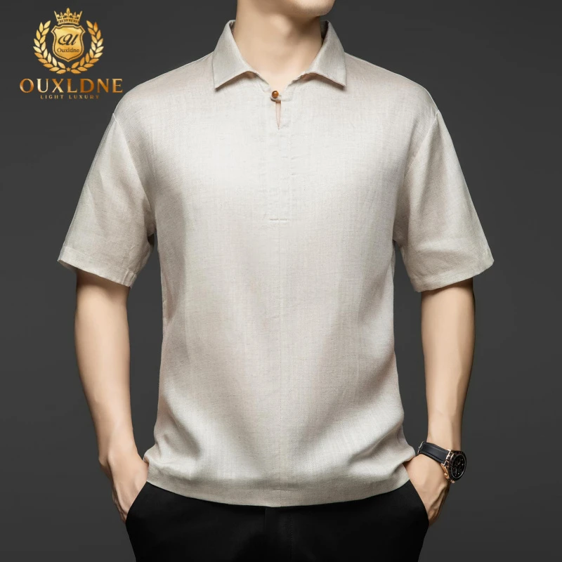 OUXLDNE天丝亚麻短袖T恤男薄款中国风宽松上衣夏季翻领休闲polo衫