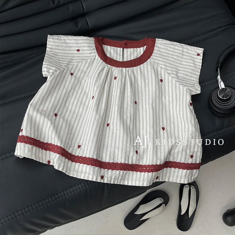 【航海少女】 【阿湫】夏季儿童韩撞色爱心刺绣竖条衬衫短袖MPG6384