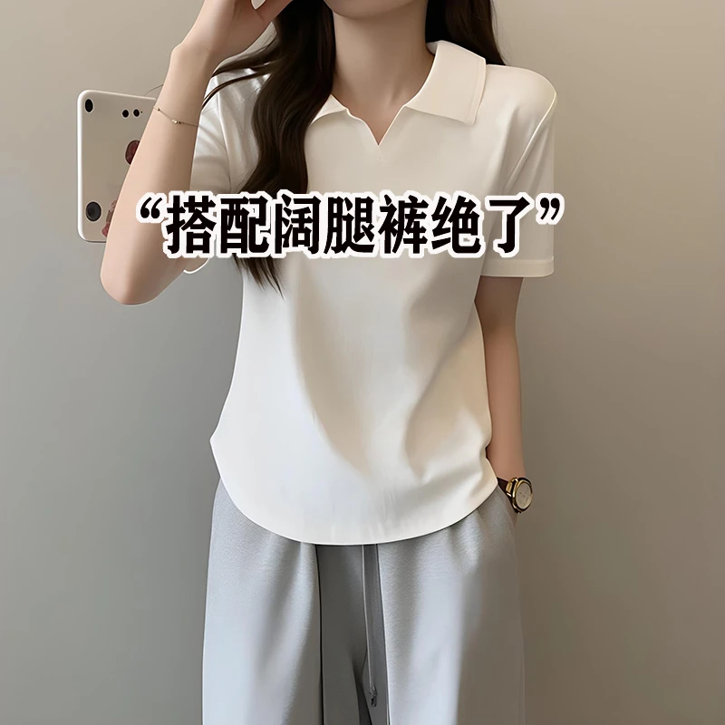 欧货POLO领白色短袖t恤女夏2025新款修身显瘦打底衫短款上衣ins潮