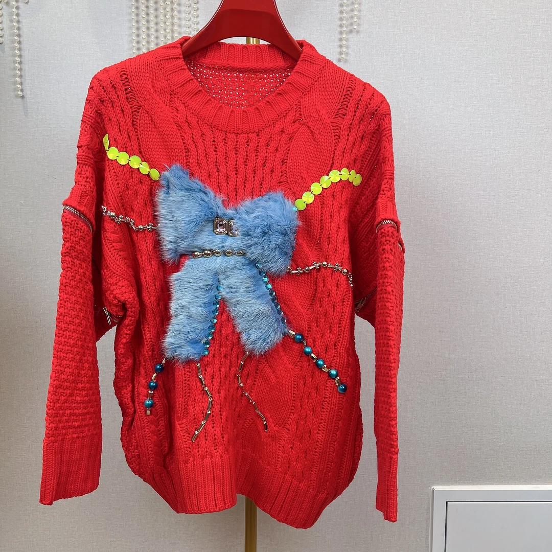 W1036锐宝潮牌红色亮片蝴蝶结可爱时尚毛衣