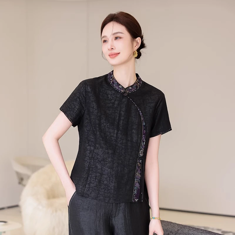 2025新款女士高端香云纱真丝上衣桑蚕丝夏季短袖国风新中式妈妈装