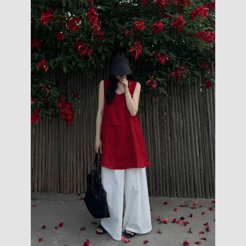 洋气独特别致宽松慵懒风小个子超好看独特漂亮大码红色吊带背心夏