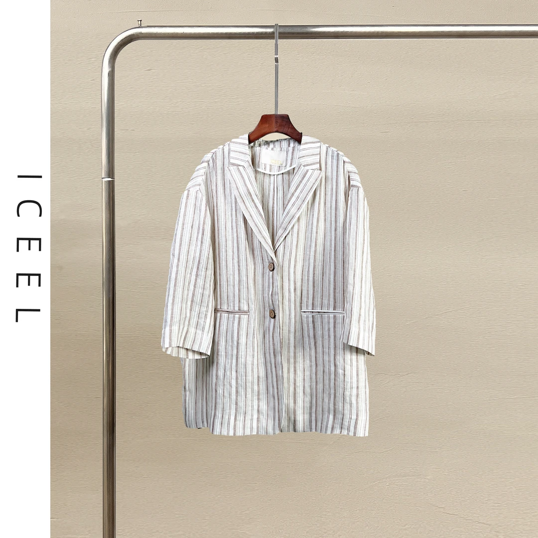ICEEL原创设计女装亚麻西装外套女宽松休闲文艺竖条纹小西服上衣