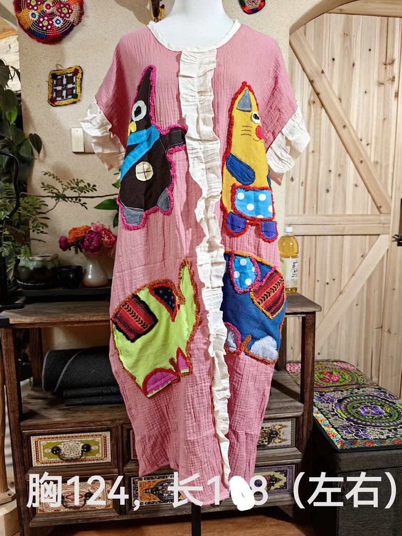 泰国清迈手工贴布绣花朵童趣大码袍子宽松休闲棉麻连衣裙