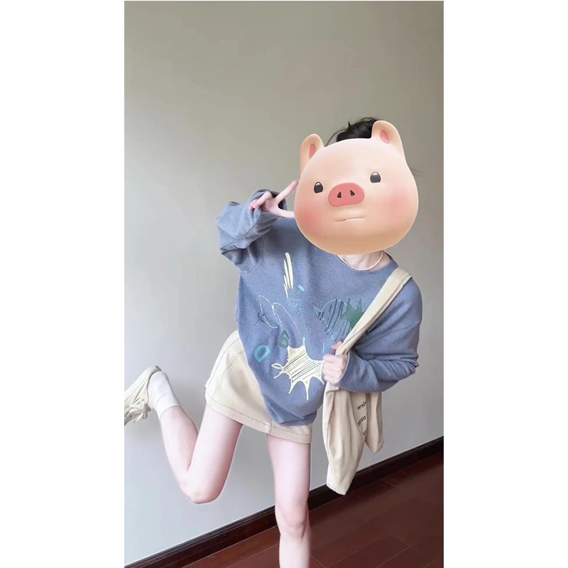 日系可爱涂鸦印花长袖t恤女春季宽松休闲内搭打底衫半身裙套装