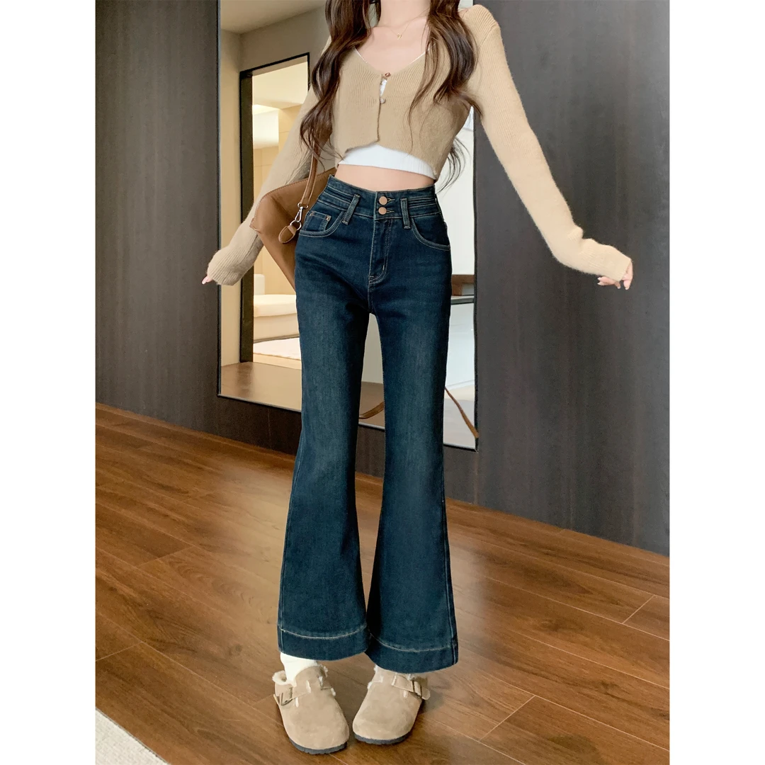 复古浅色微喇牛仔裤女新款设计感毛边高腰显瘦喇叭拖地裤子潮