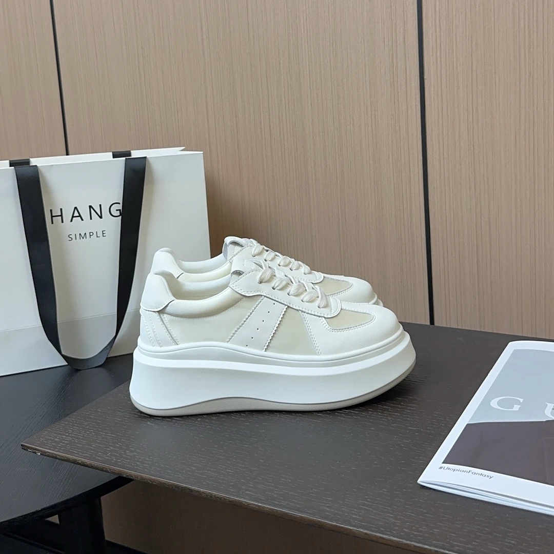 牛皮小白鞋女鞋厚底百搭白色内增高真皮 夏季透气