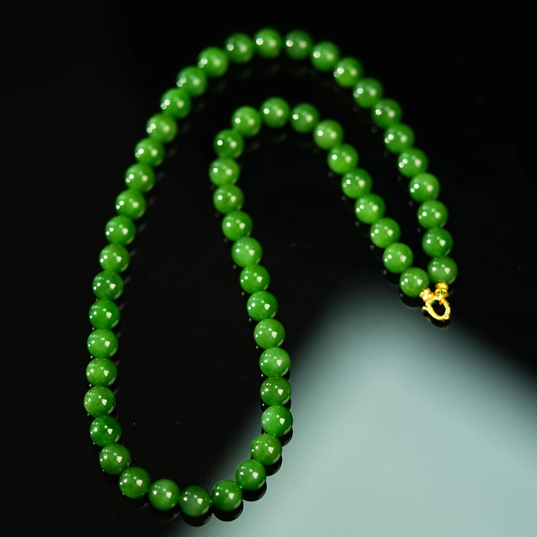 『小浩珠宝』天然和田玉碧玉老料·辣阳绿肉底荧光8mm妈妈链18K