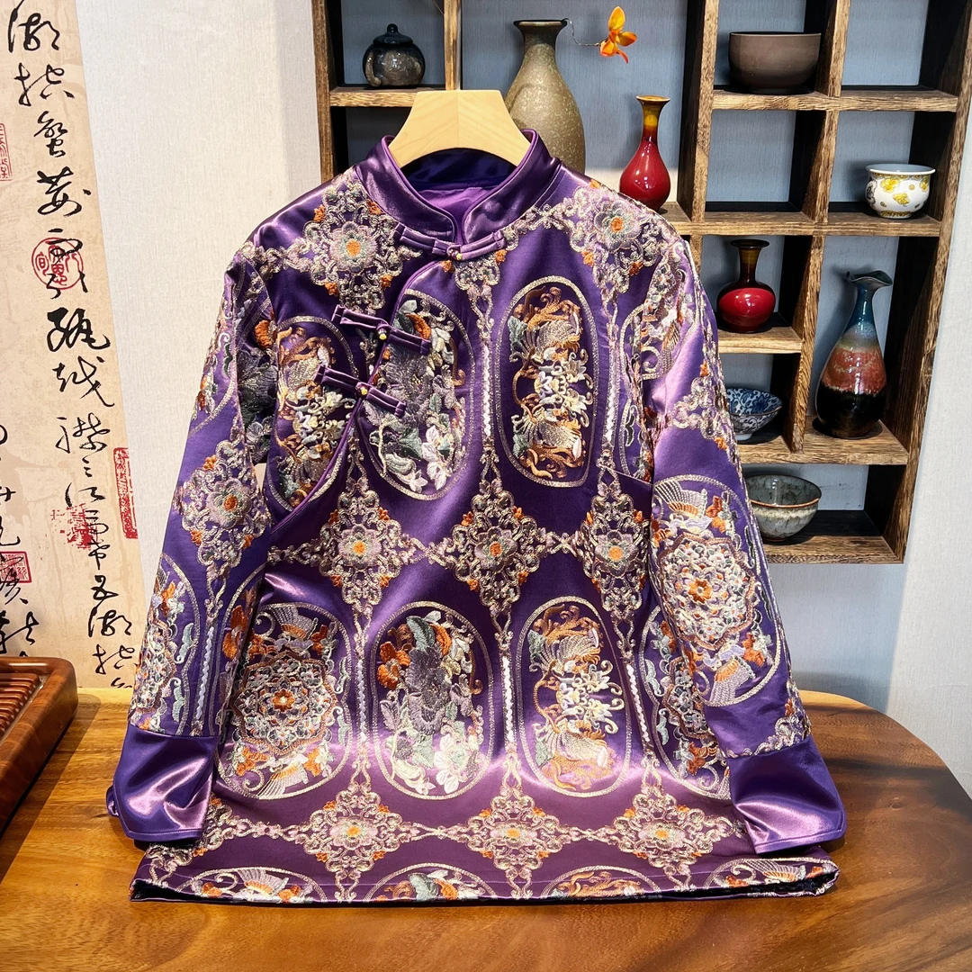 YUEZHE2026春季新款重工刺绣醋酸旗袍新中式中长款时尚百搭外套