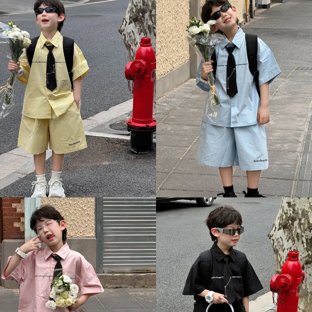 2025夏季新款儿童韩版洋气纯色两件套男童时尚休闲衬衫套装潮