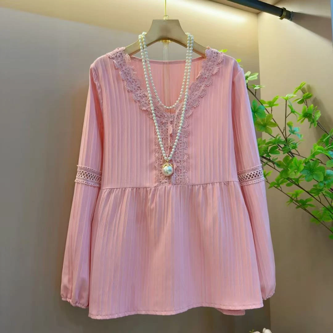 时尚V领百搭灯笼袖气质蕾丝拼接镂空宽松衬衫上衣（长63左右）