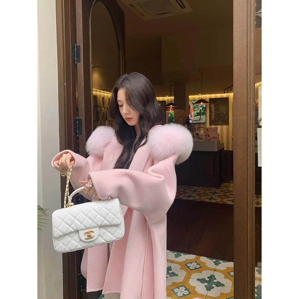 【山野玫瑰】双面羊毛大衣狐狸毛领小个子气质毛呢外套