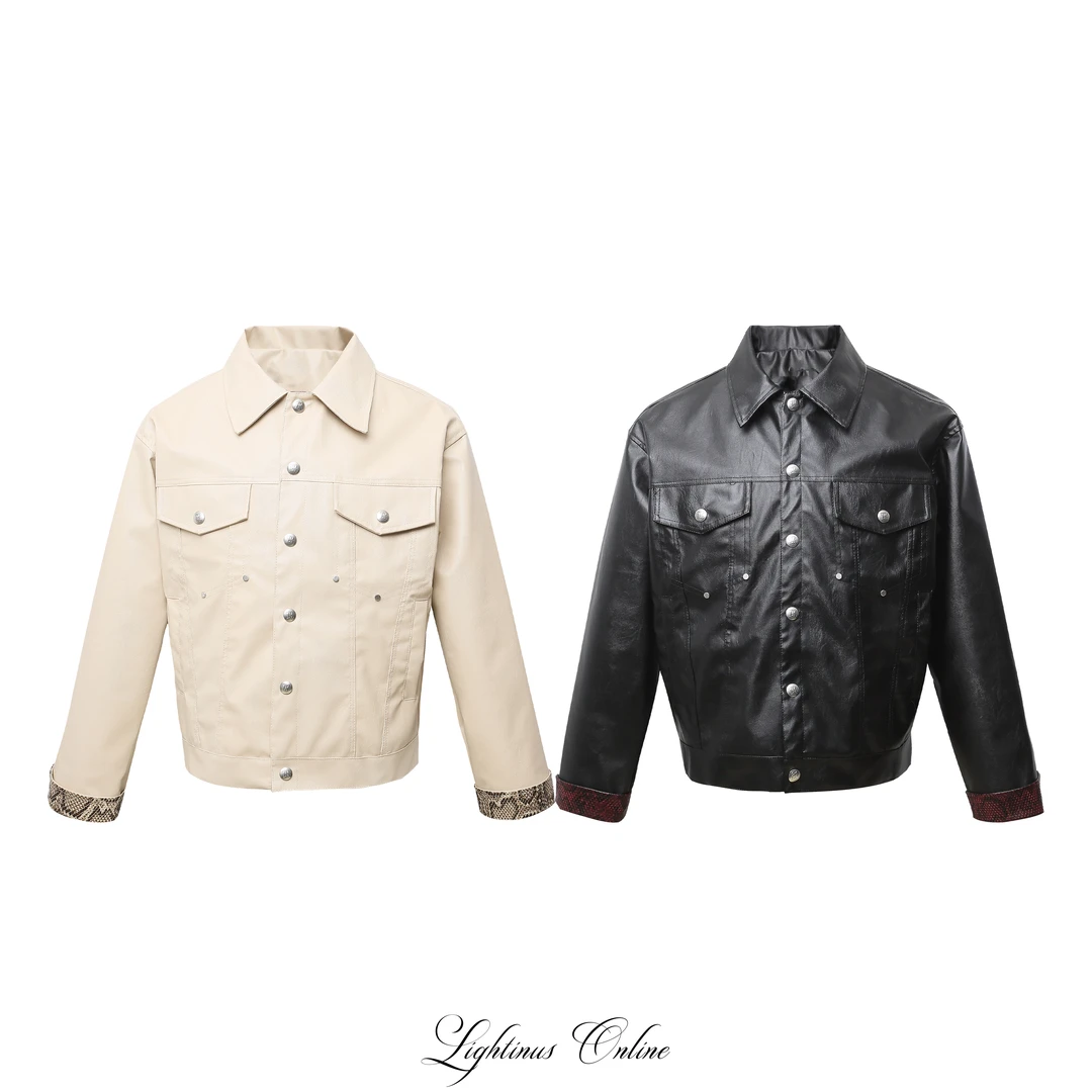 LightinUs【25ss】美式高级感蛇纹拼接伯爵短宽皮衣短款夹克外套潮