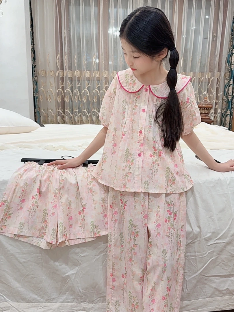 女童夏款短袖睡衣家居服套装夏季樱桃碎花开衫中大童甜美三件套